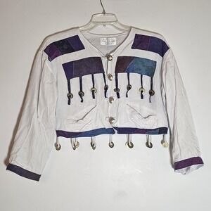 Vintage Natural Clothing Jacket Womens Medium White Purple Rayon Coin Boho 90s